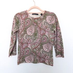 VTG Lord & Taylor Womens Cashmere Top Size S Pink Green Paisley Boho Preppy Chic
